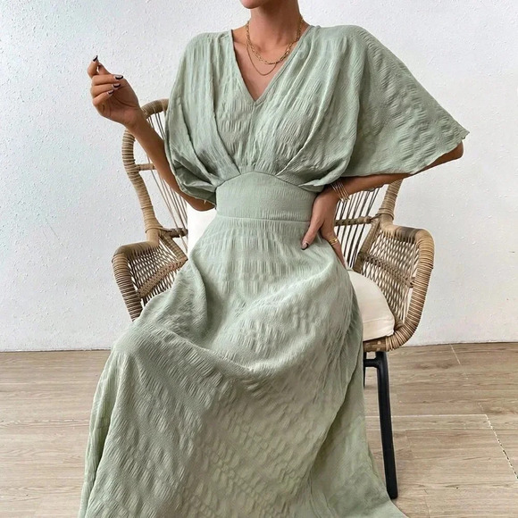 Mint Green Casual Women's Solid Batwing Sleeve A-line Dress - Picture 2 of 5